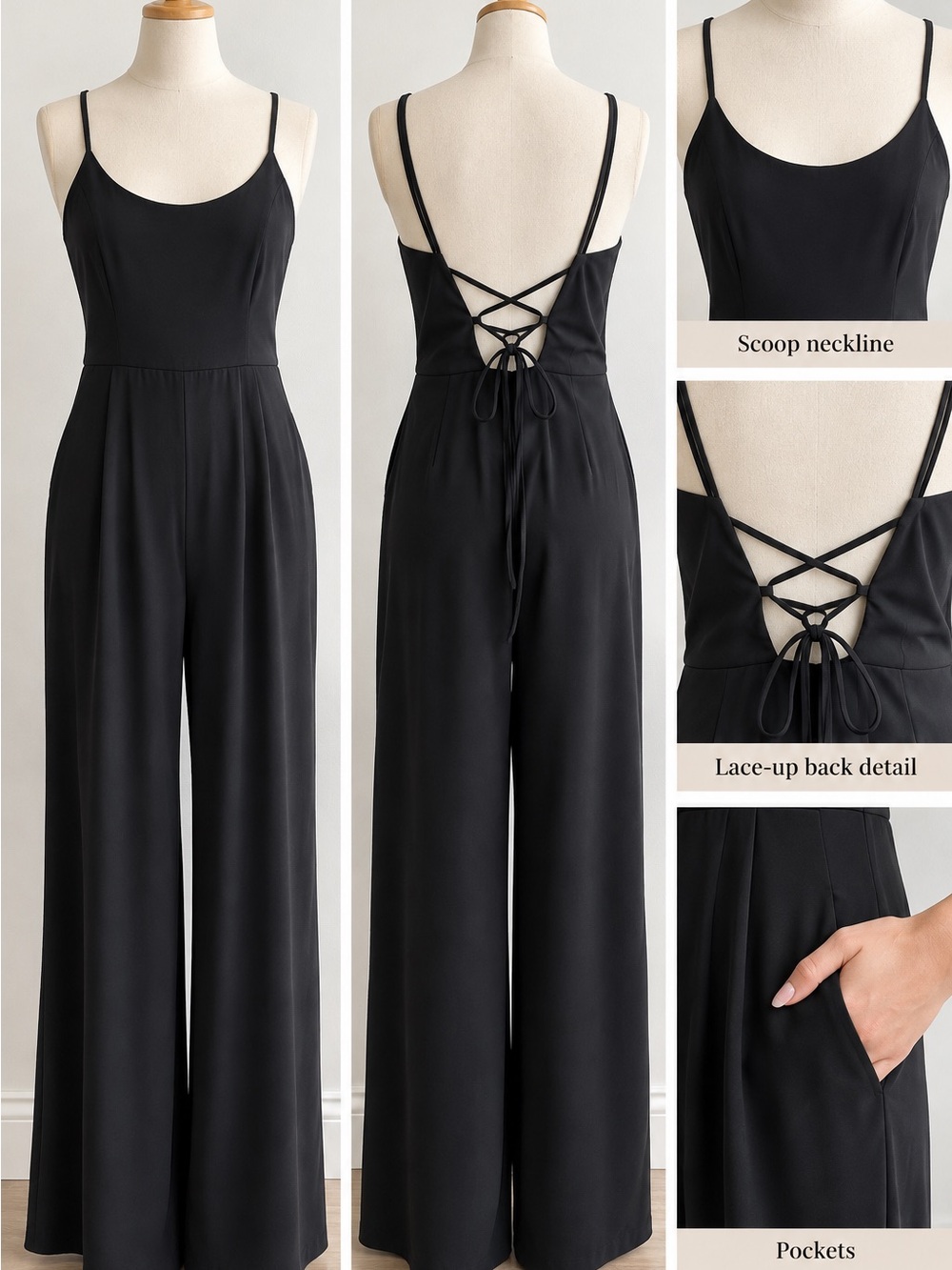 OAK + FORT Black Wide-Leg Spaghetti Strap Jumpsuit